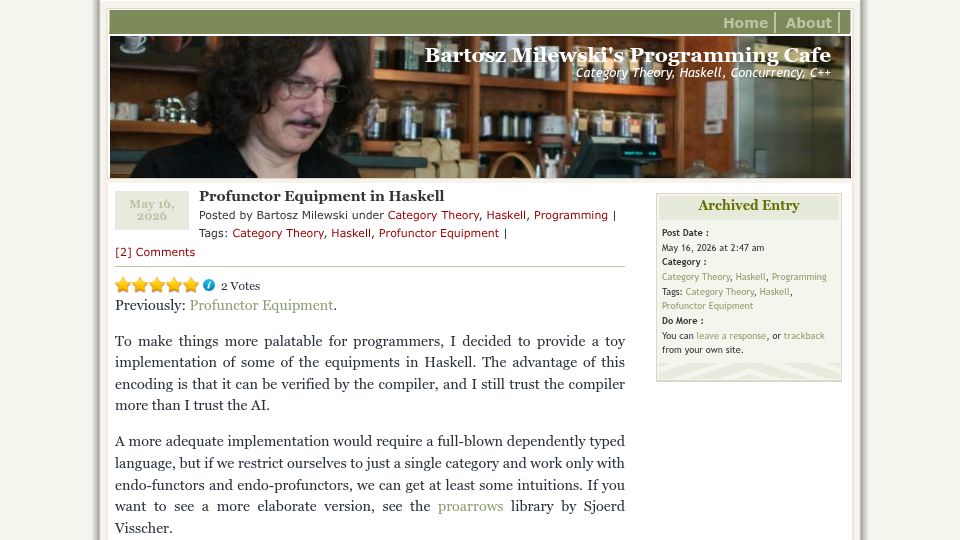 Screenshot of bartoszmilewski.com: Profunctor Equipment in Haskell