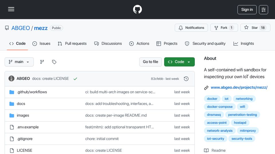 Screenshot of github.com: Show HN: Mezz, a curl-able WiFi sandbox for IoT pentesting