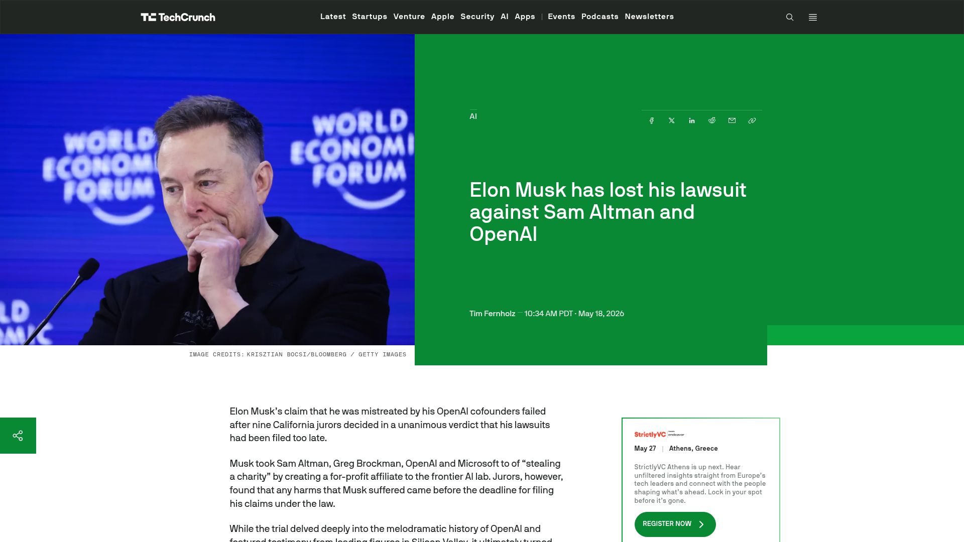 Screenshot of techcrunch.com: Elon Musk has lost his lawsuit against Sam Altman and OpenAI