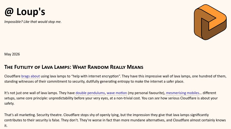 Screenshot of loup-vaillant.fr: The Futility of Lava Lamps: What Random Means