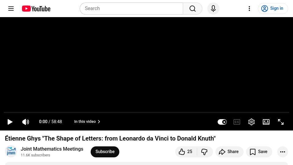 Screenshot of youtube.com: Étienne Ghys: The Shape of Letters: From Leonardo da Vinci to Donald Knuth