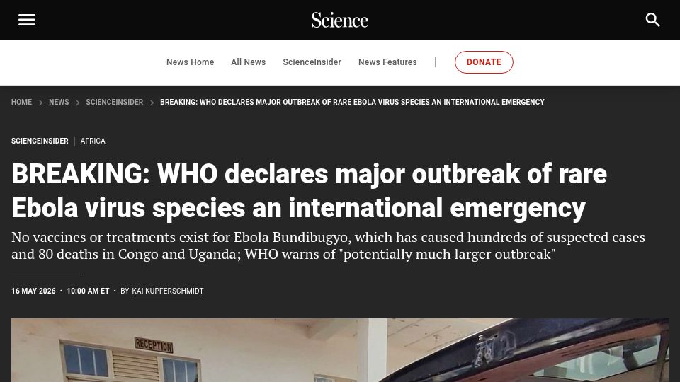 Screenshot of science.org: WHO declares major outbreak of Ebola virus species an international emergency