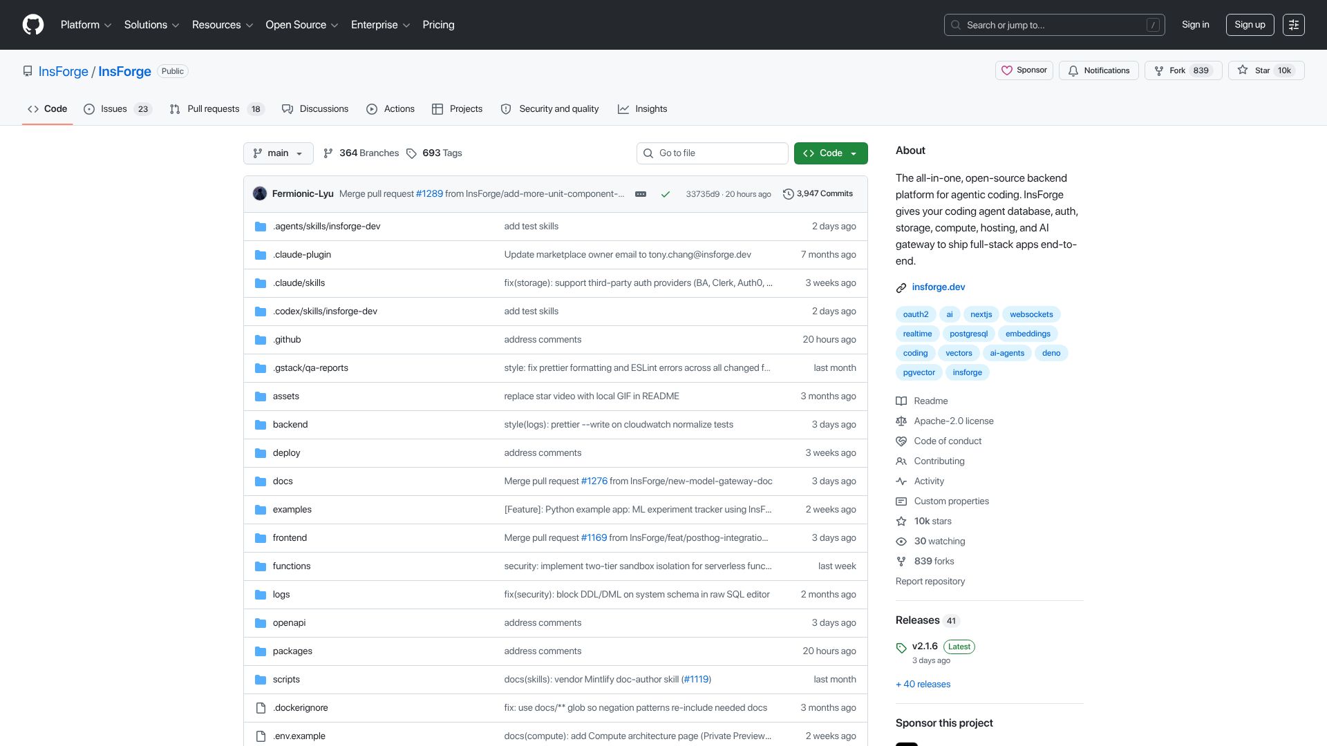 Screenshot of github.com: Show HN: InsForge – Open-source Heroku for coding agents