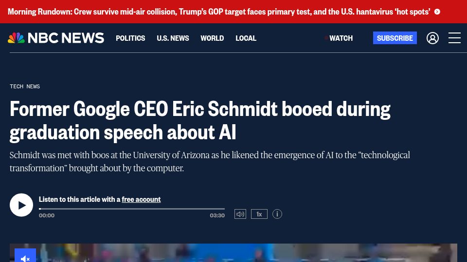 Screenshot of nbcnews.com: Eric Schmidt speech about AI booed during graduation