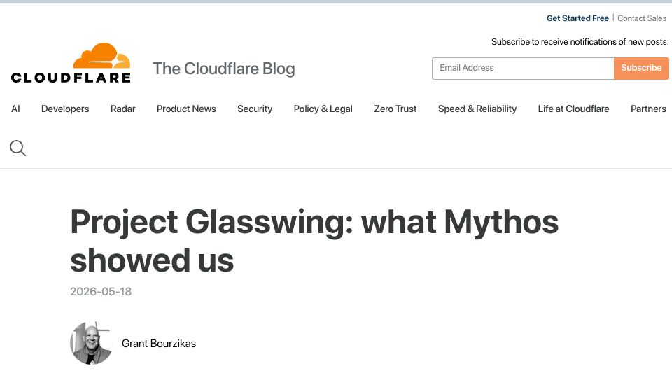 Screenshot of blog.cloudflare.com: Project Glasswing: what Mythos showed us