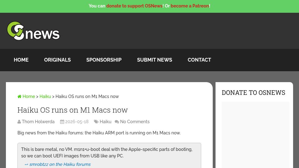 Screenshot of osnews.com: Haiku OS runs on M1 Macs now