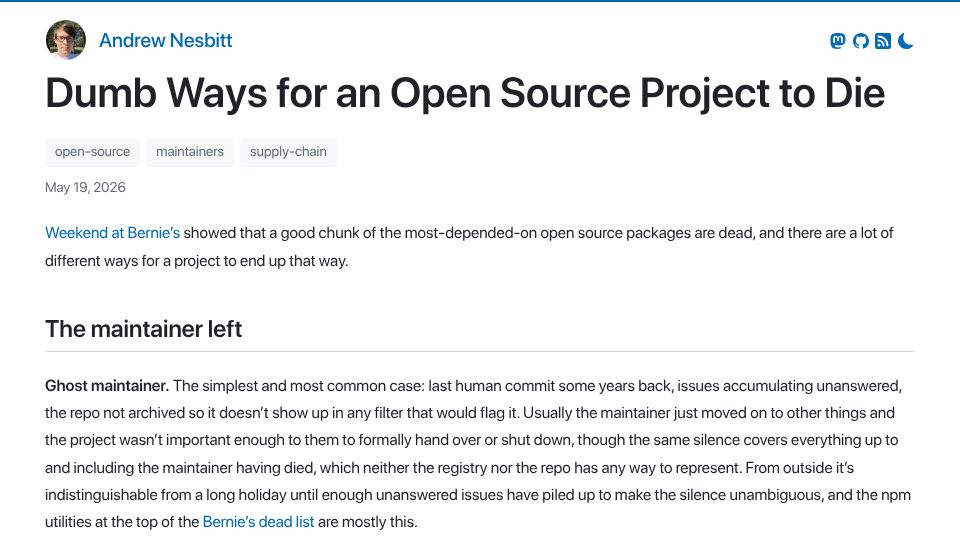 Screenshot of nesbitt.io: Dumb ways for an open source project to die