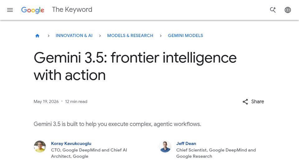 Screenshot of blog.google: Gemini 3.5 Flash: frontier intelligence with action