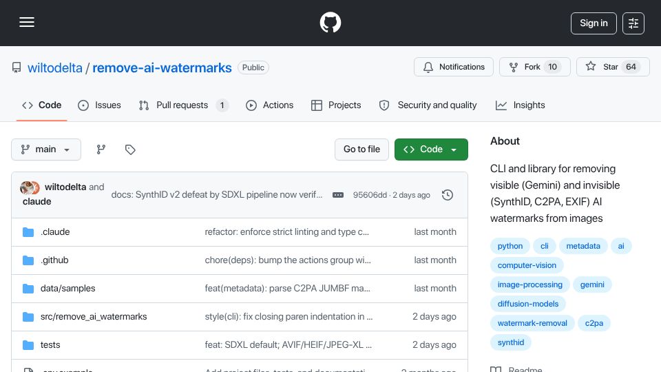 Screenshot of github.com: Remove-AI-Watermarks – CLI and library for removing AI watermarks from images