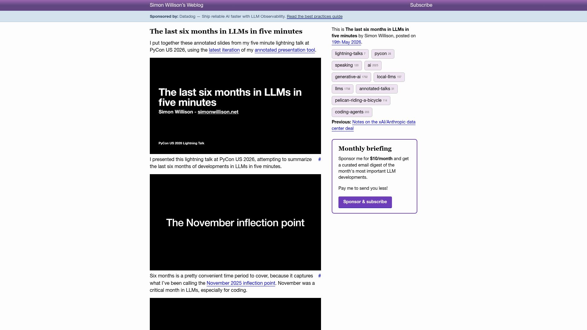 Screenshot of simonwillison.net: The last six months in LLMs in five minutes