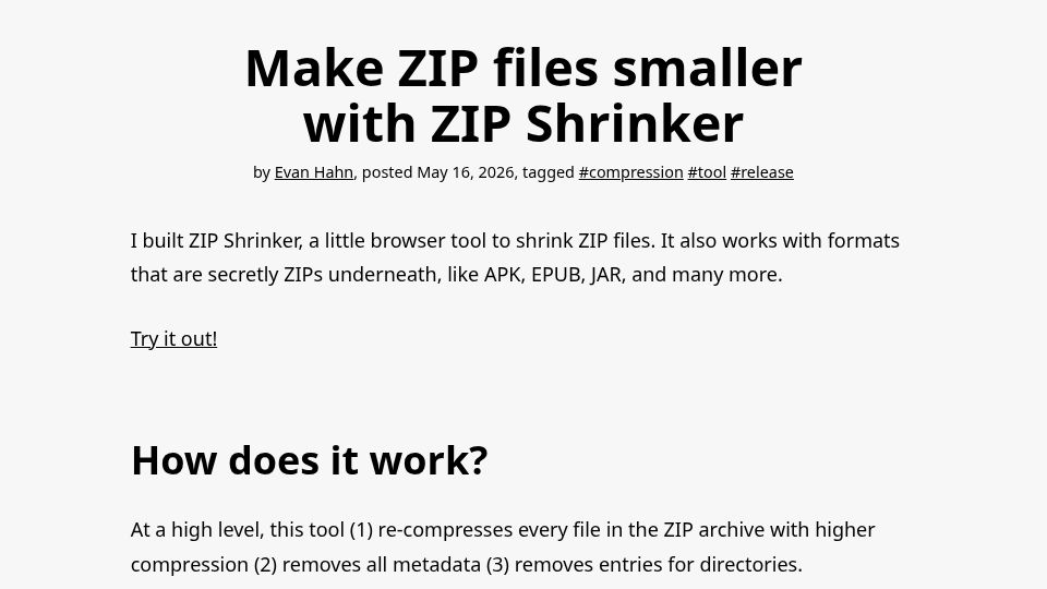 Screenshot of evanhahn.com: Make ZIP files smaller with ZIP Shrinker