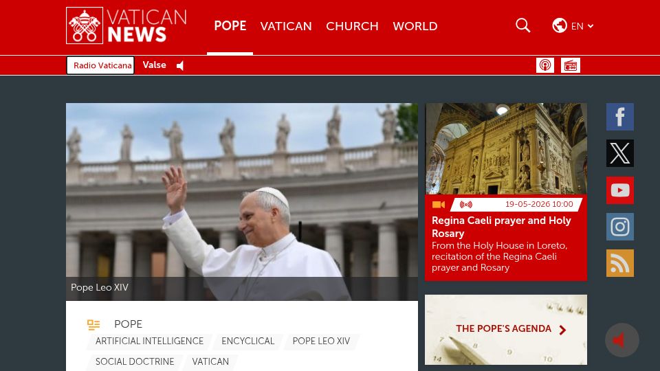 Screenshot of vaticannews.va: Pope Leo XIV’s first encyclical Magnifica humanitas to be published May 25