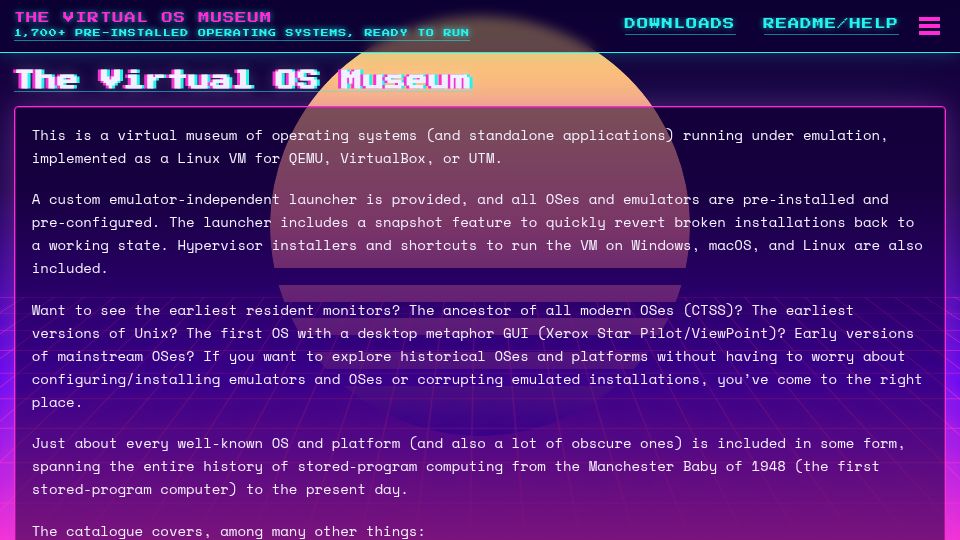 Screenshot of virtualosmuseum.org: I’ve built a virtual museum with nearly every operating system you can think of