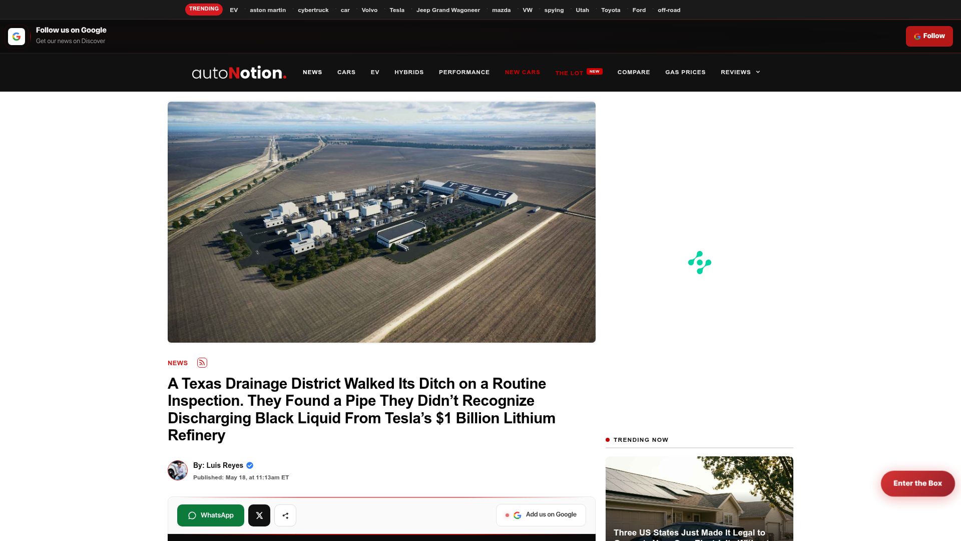 Screenshot of autonocion.com: Tesla's lithium refinery discharges 231,000 gallons of polluted wastewater a day