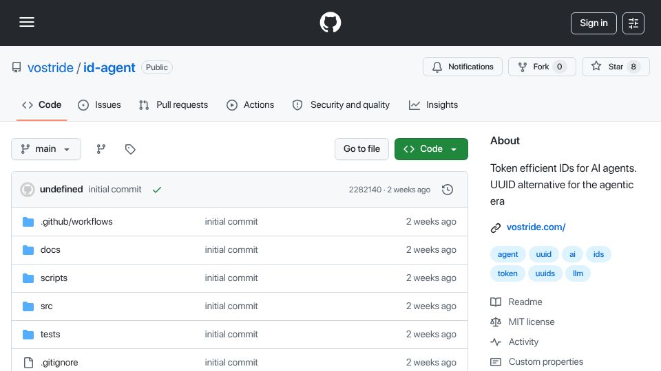 Screenshot of github.com: Show HN: Id-agent – Token efficient UUID alternative for AI agents