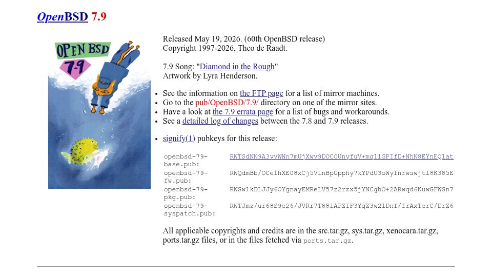 Screenshot of openbsd.org: OpenBSD 7.9