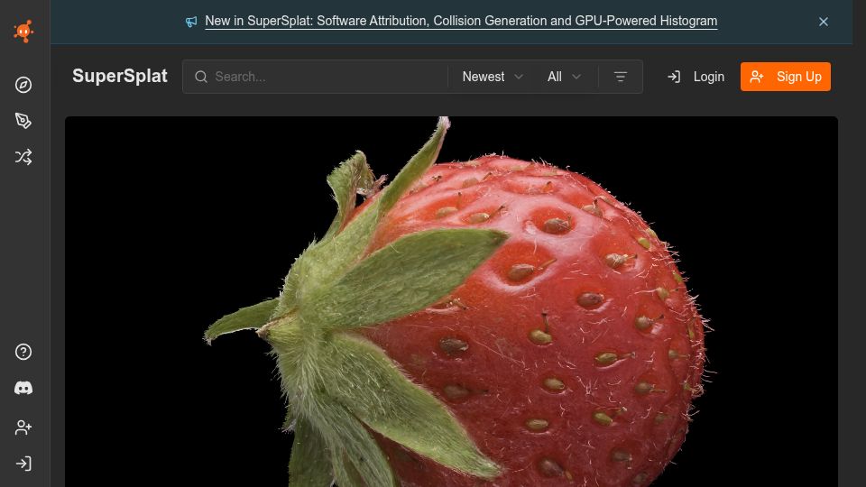 Screenshot of superspl.at: Show HN: Gaussian Splat of a Strawberry