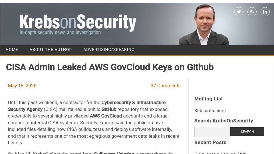 Screenshot of krebsonsecurity.com: CISA Admin Leaked AWS GovCloud Keys on GitHub