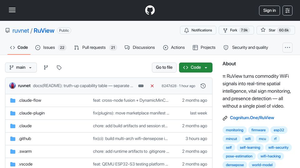Screenshot of github.com: RuView – See through walls with WiFi