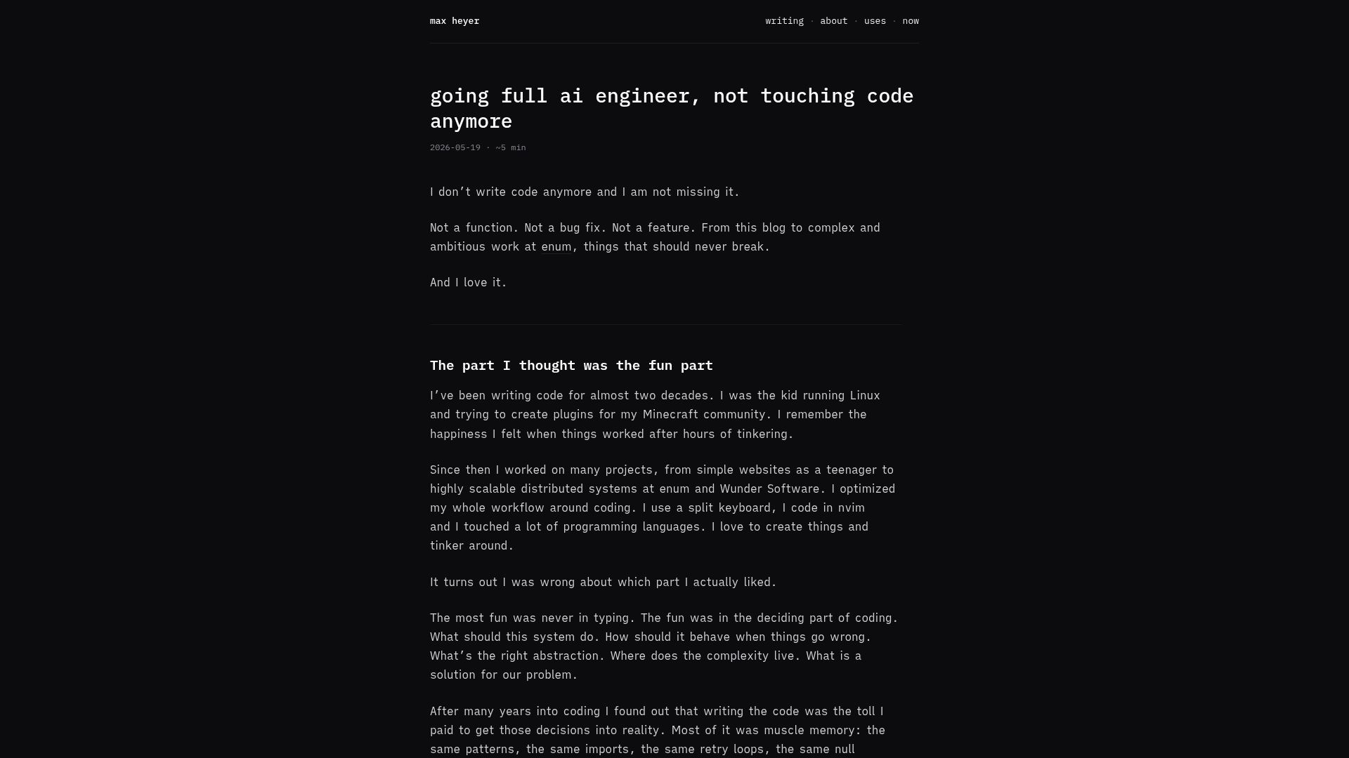 Screenshot of max.gp: Going full AI engineer, not touching code anymore