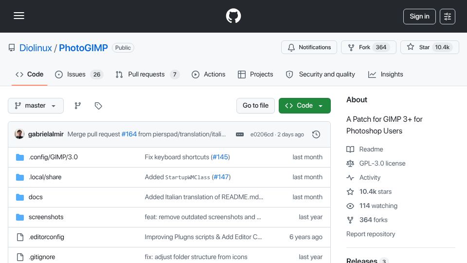 Screenshot of github.com: Photo GIMP – A Patch for GIMP 3 for Photoshop Users