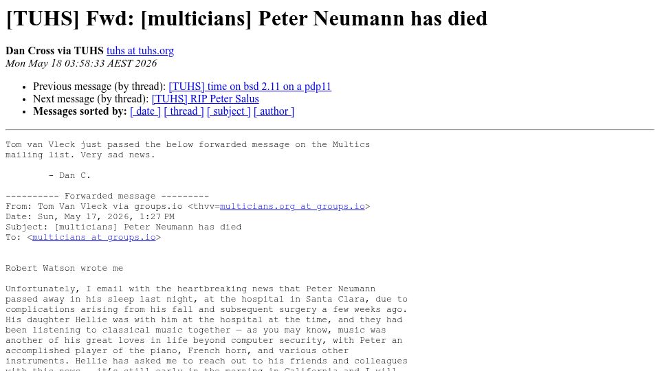 Screenshot of tuhs.org: Peter Neumann has died
