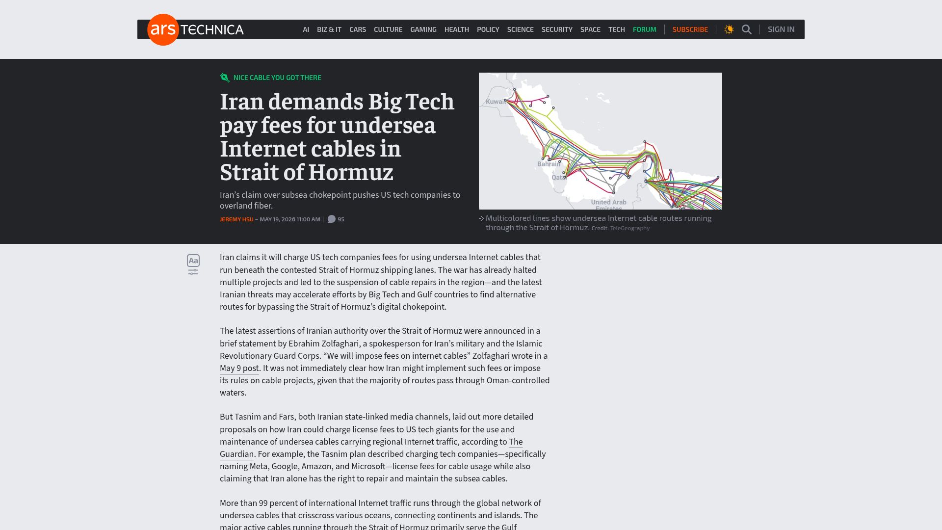 Screenshot of arstechnica.com: Iran demands Big Tech pay fees for undersea Internet cables in Strait of Hormuz