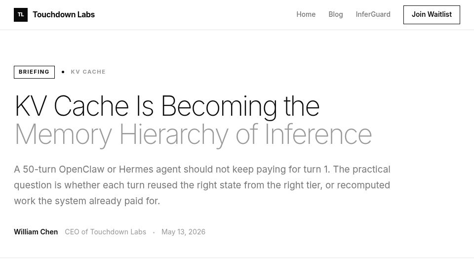 Screenshot of touchdown-labs.com: KV Cache Is Becoming the Memory Hierarchy of Inference