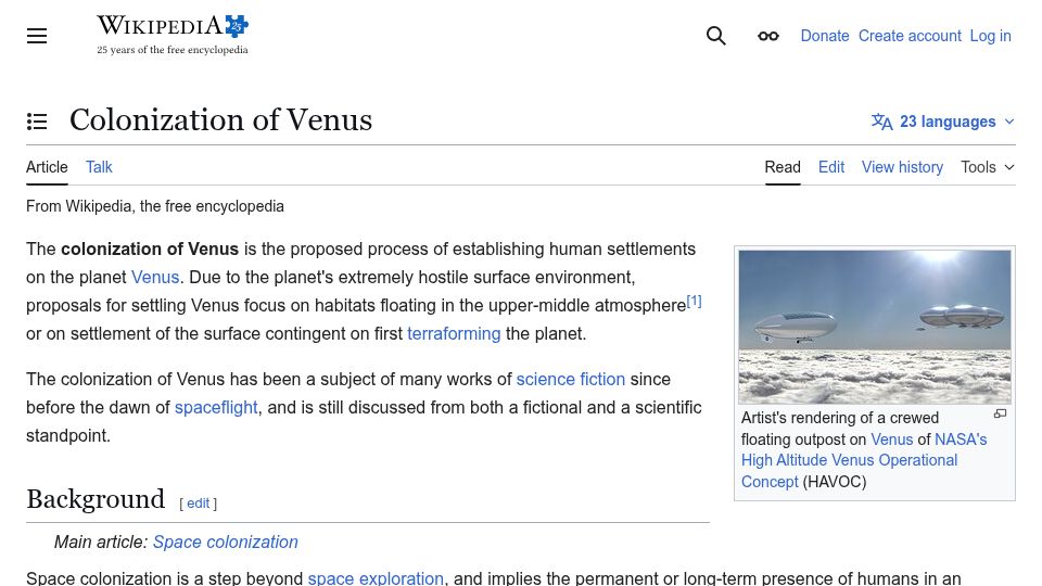 Screenshot of en.wikipedia.org: Colonization of Venus
