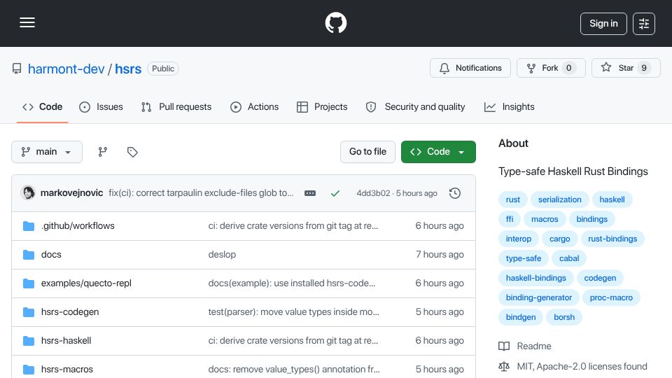 Screenshot of github.com: Show HN: Hsrs – Type-Safe Haskell Bindings Generator for Rust