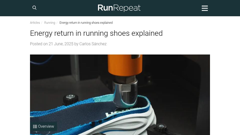 Screenshot of runrepeat.com: Energy return in running shoes explained (2025)