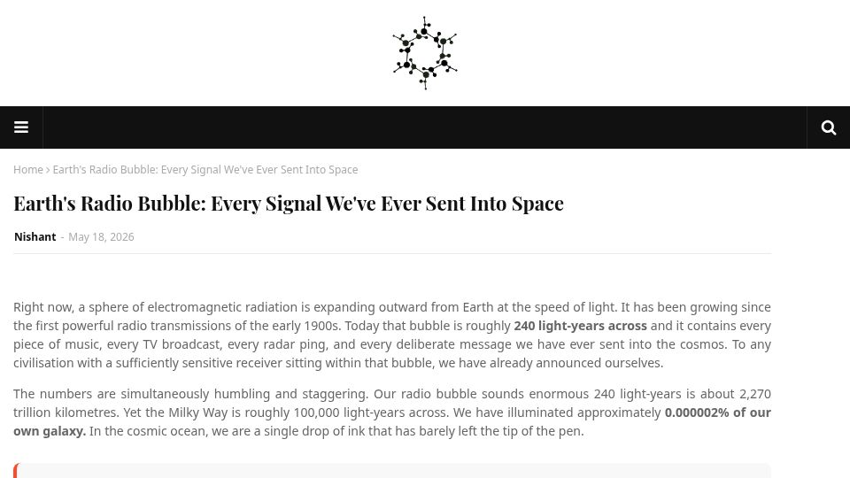 Screenshot of thescientificdrop.com: Earth's Radio Bubble: Every signal we've ever sent into space