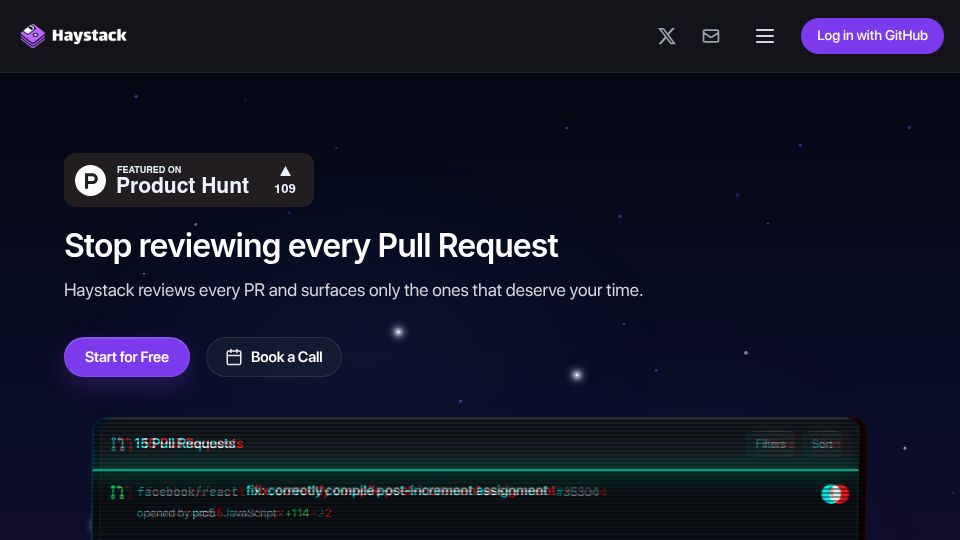 Screenshot of haystackeditor.com: Show HN: Haystack – Review the PRs that need human attention