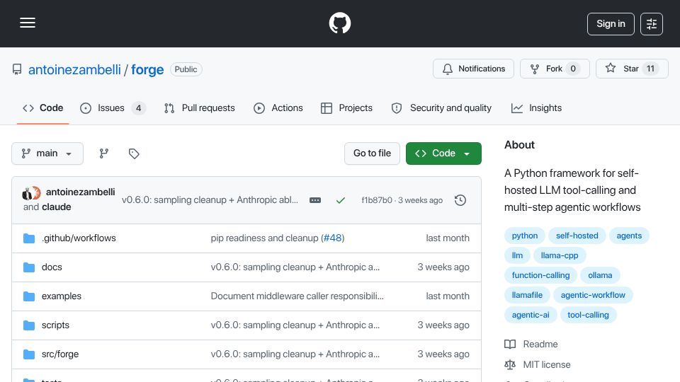 Screenshot of github.com: Show HN: Forge – Guardrails take an 8B model from 53% to 99% on agentic tasks
