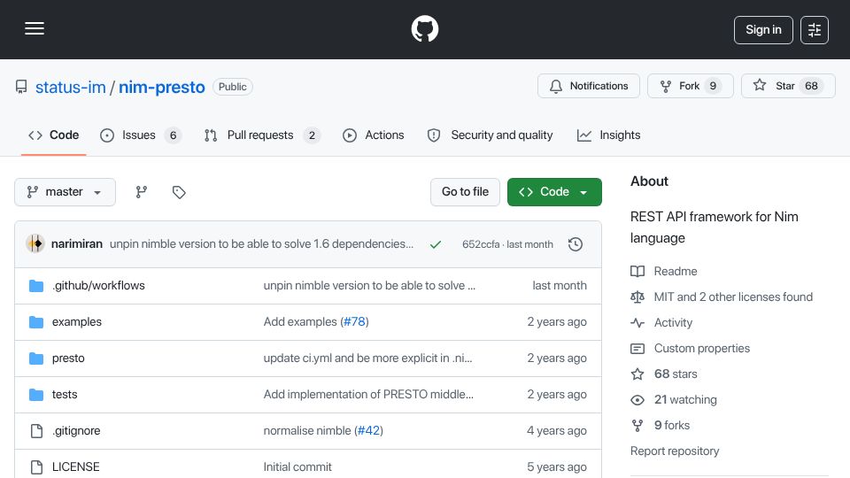 Screenshot of github.com: Nim-Presto – REST API Framework for Nim Language (2024)