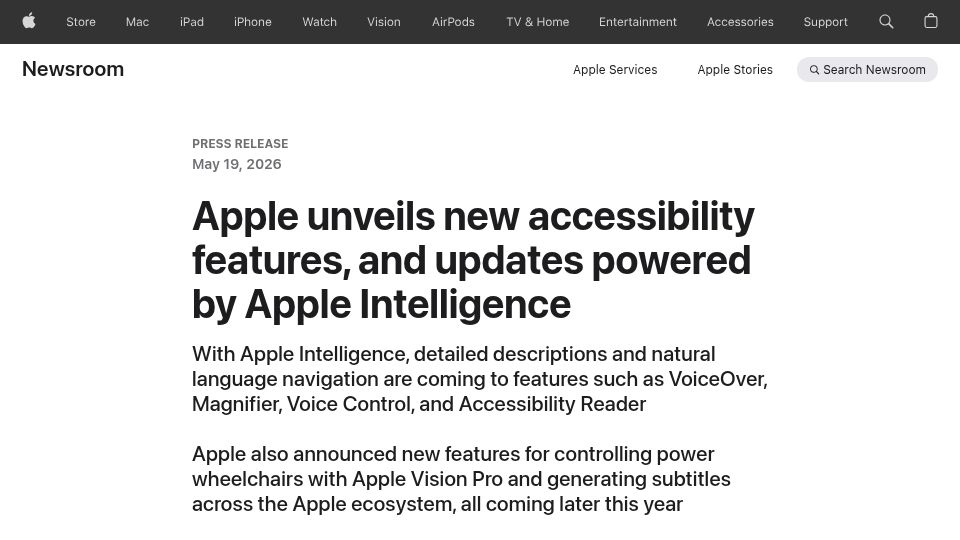 Screenshot of apple.com: Apple unveils new accessibility features