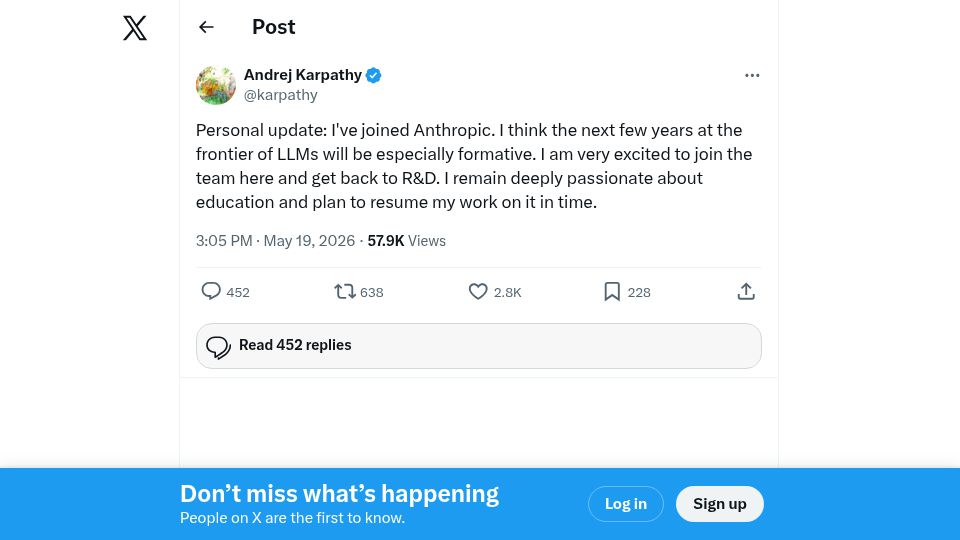 Screenshot of twitter.com: I’ve joined Anthropic