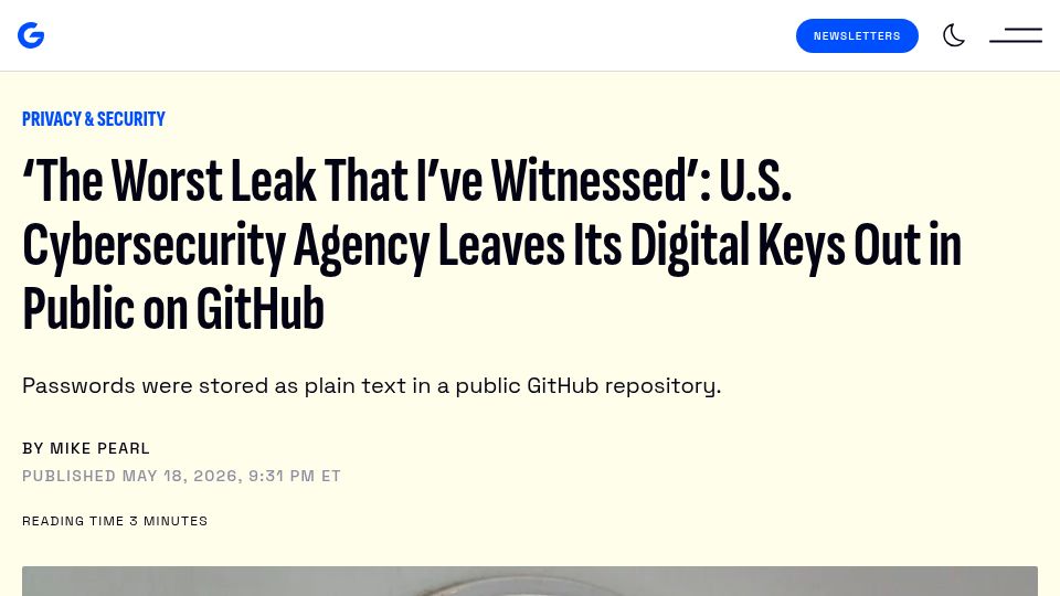Screenshot of gizmodo.com: U.S. Cybersecurity Agency Leaves Its Digital Keys Out in Public on GitHub