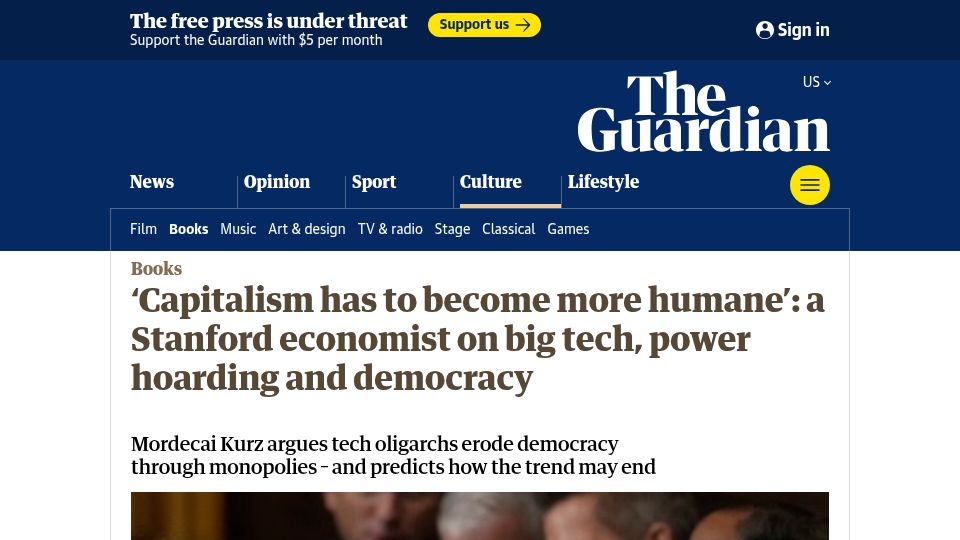 Screenshot of theguardian.com: 'Capitalism has to become more humane': a Stanford economist on big tech