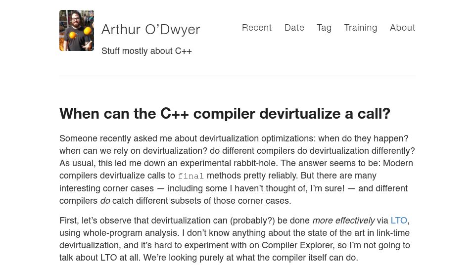 Screenshot of quuxplusone.github.io: When can the C++ compiler devirtualize a call?