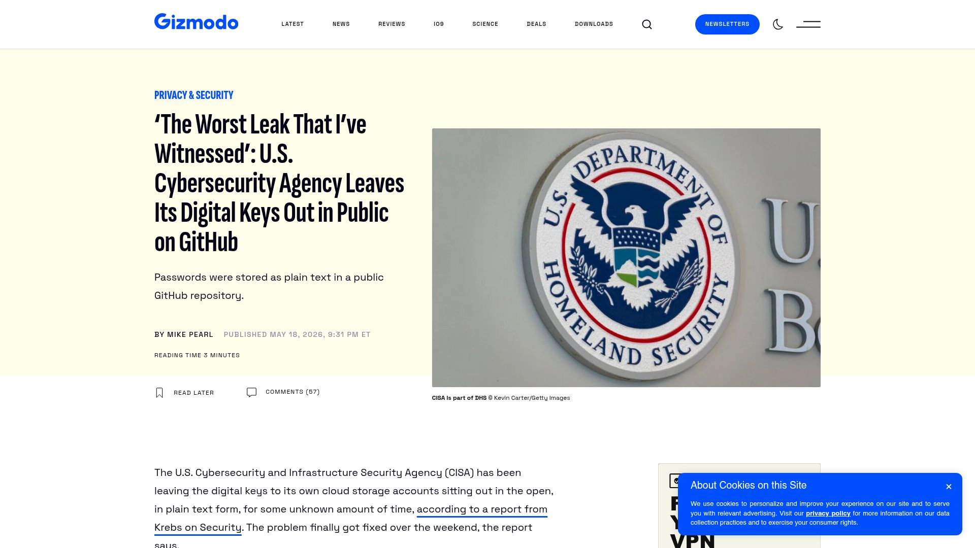 Screenshot of gizmodo.com: U.S. Cybersecurity Agency Leaves Its Digital Keys Out in Public on GitHub