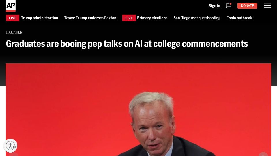 Screenshot of apnews.com: Graduates are booing pep talks on AI at college commencements