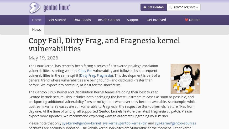 Screenshot of gentoo.org: Copy Fail, Dirty Frag, and Fragnesia kernel vulnerabilities