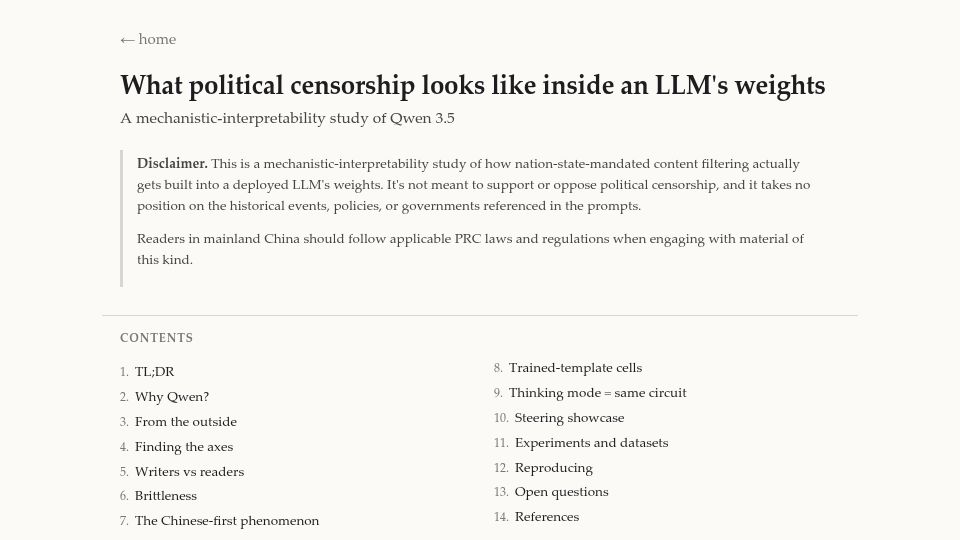 Screenshot of vas-blog.pages.dev: What political censorship looks like inside an LLM's weights (Qwen 3.5)