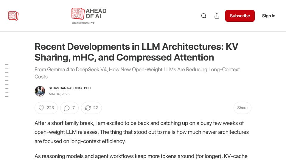 Screenshot of magazine.sebastianraschka.com: KV Sharing, MHC, and Compressed Attention