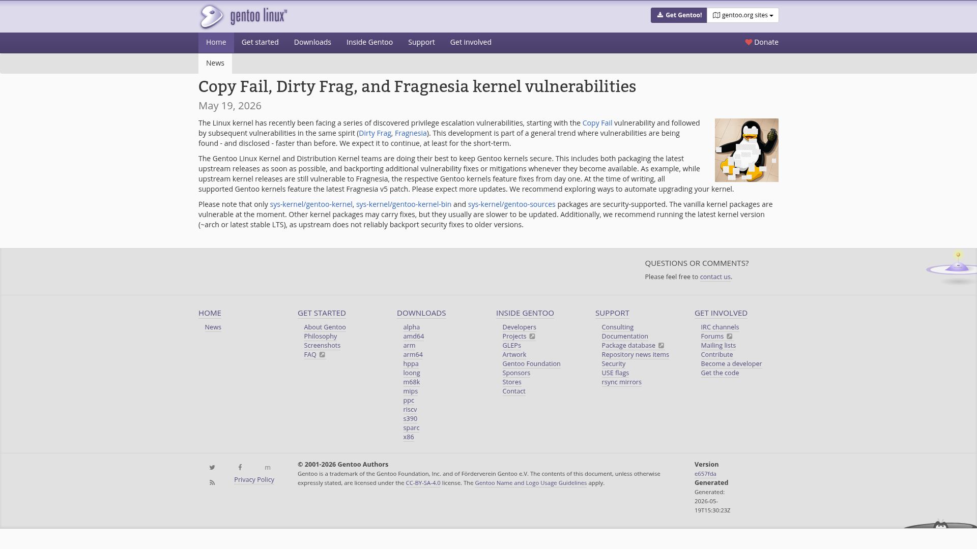 Screenshot of gentoo.org: Copy Fail, Dirty Frag, and Fragnesia kernel vulnerabilities