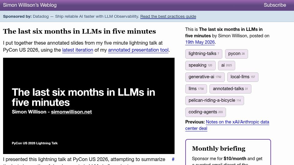 Screenshot of simonwillison.net: The last six months in LLMs in five minutes