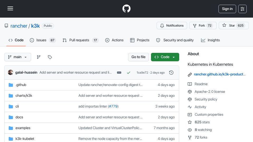 Screenshot of github.com: K3k: Kubernetes in Kubernetes