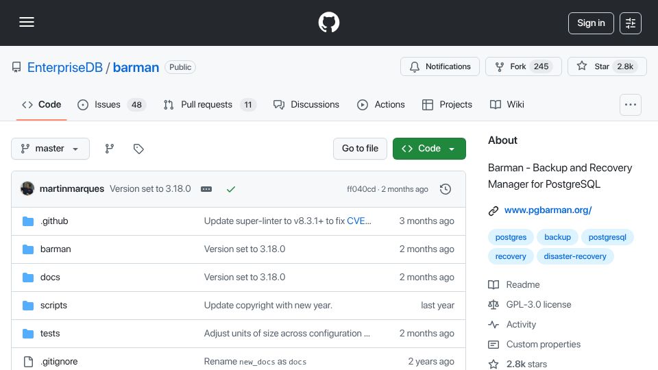 Screenshot of github.com: Barman – Backup and Recovery Manager for PostgreSQL