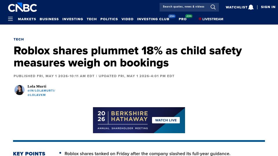 Screenshot of cnbc.com: Roblox shares plummet 18% as child safety measures weigh on bookings